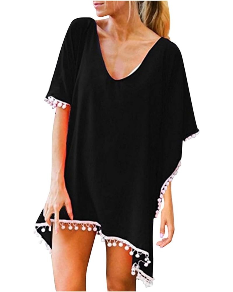 Womens Sleeve Coverup Top Swimsuit Micro Bikini Coverup for Women Chiffon Beach Fringe Hawaiian Coverup U-055 Black $10.25 Sw...