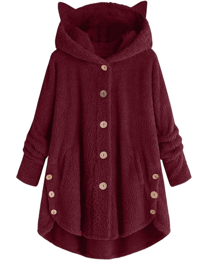 Fleece Jacket Women Fuzzy Fleece Open Front Hooded Fall Winter Shaggy Warm Winter Cardigan Coat Parkas Coats 0388-aeqss-wine-...