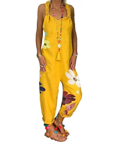 Summer Fashion Sleeveless Backless Knotted Jumpsuits Bib Overall Casual Loose Romper Overalls for Women Juniors Printed Yello...