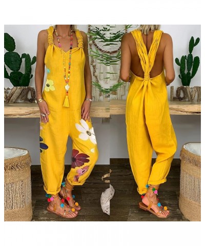 Summer Fashion Sleeveless Backless Knotted Jumpsuits Bib Overall Casual Loose Romper Overalls for Women Juniors Printed Yello...