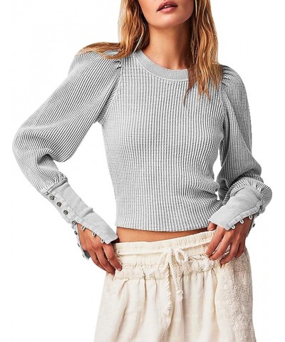 Women's Puff Long Sleeve Shirts Trendy Waffle Knit Tops Crewneck Casual Loose Blouses Grey $19.94 Tops