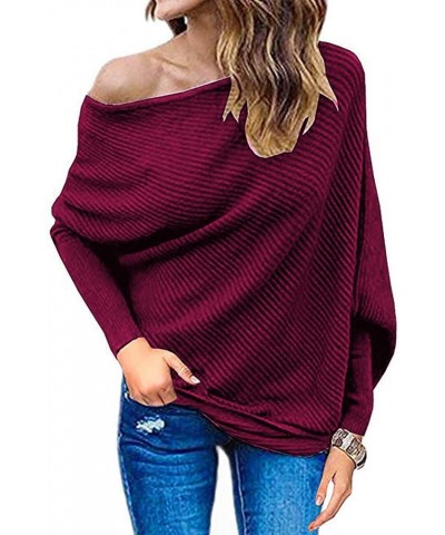 Womens Off Shoulder Loose Pullover Sweater Batwing Sleeve Knit Jumper Oversized Tunic Tops Wine Red $13.80 Sweaters