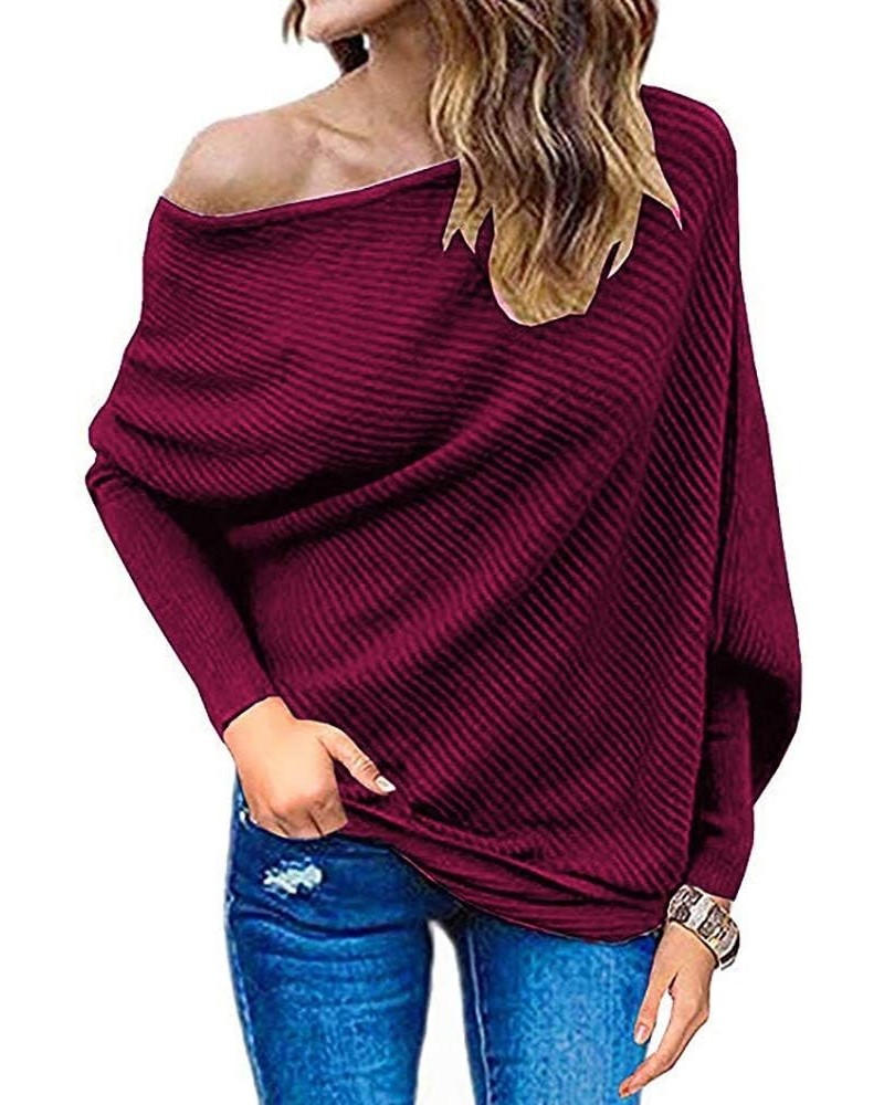 Womens Off Shoulder Loose Pullover Sweater Batwing Sleeve Knit Jumper Oversized Tunic Tops Wine Red $13.80 Sweaters