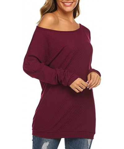 Womens Off Shoulder Loose Pullover Sweater Batwing Sleeve Knit Jumper Oversized Tunic Tops Wine Red $13.80 Sweaters