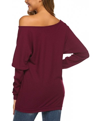 Womens Off Shoulder Loose Pullover Sweater Batwing Sleeve Knit Jumper Oversized Tunic Tops Wine Red $13.80 Sweaters