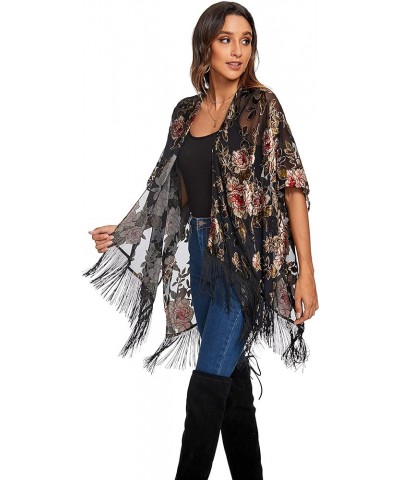 Women's Burnout Velvet Kimono Cardigan Cover Up with Tassel Jypj-6 $12.25 Sweaters