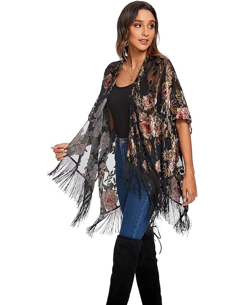 Women's Burnout Velvet Kimono Cardigan Cover Up with Tassel Jypj-6 $12.25 Sweaters