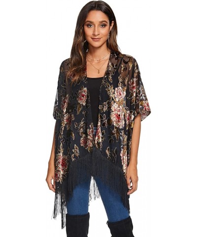 Women's Burnout Velvet Kimono Cardigan Cover Up with Tassel Jypj-6 $12.25 Sweaters