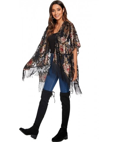 Women's Burnout Velvet Kimono Cardigan Cover Up with Tassel Jypj-6 $12.25 Sweaters