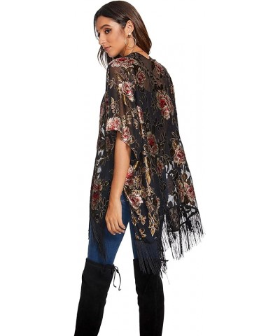 Women's Burnout Velvet Kimono Cardigan Cover Up with Tassel Jypj-6 $12.25 Sweaters