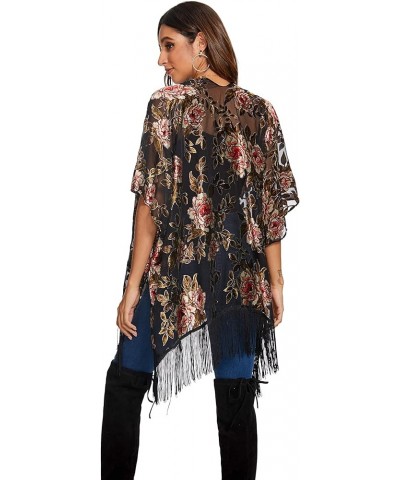 Women's Burnout Velvet Kimono Cardigan Cover Up with Tassel Jypj-6 $12.25 Sweaters