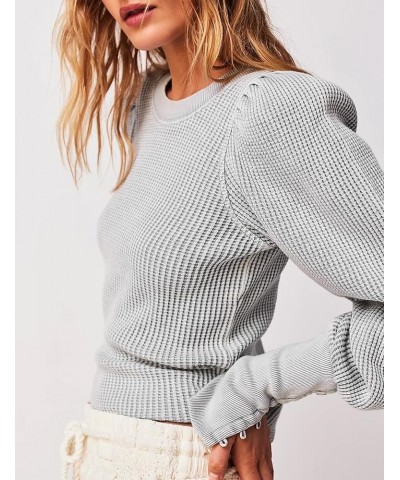 Women's Puff Long Sleeve Shirts Trendy Waffle Knit Tops Crewneck Casual Loose Blouses Grey $19.94 Tops