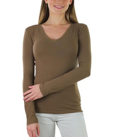 Women's Basic V-Neck Long Sleeve Tee Mocha $12.85 T-Shirts