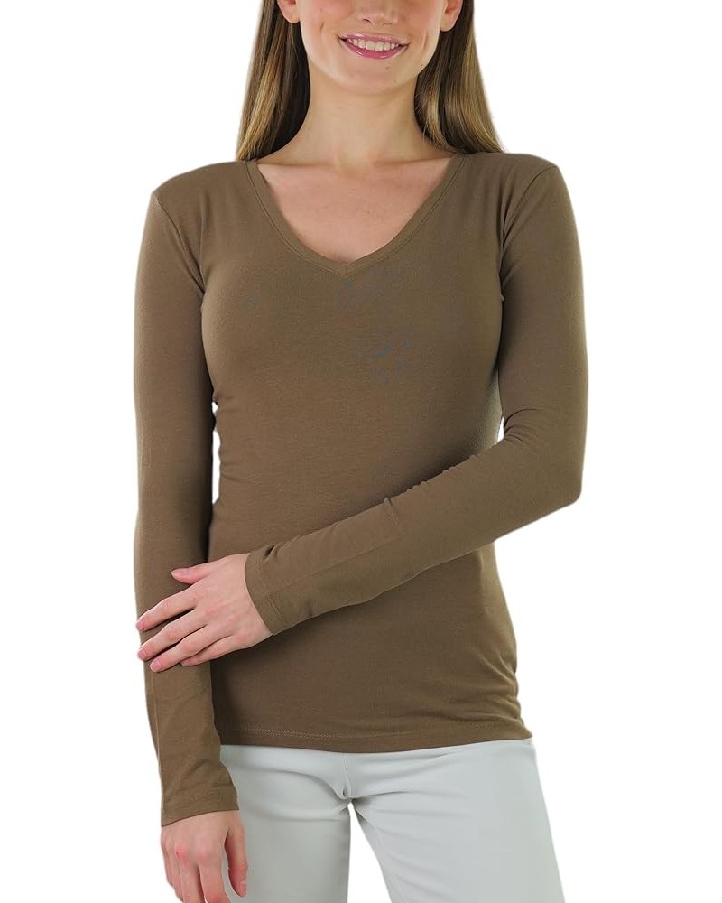 Women's Basic V-Neck Long Sleeve Tee Mocha $12.85 T-Shirts