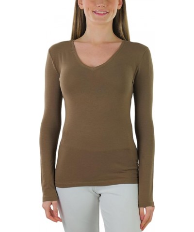 Women's Basic V-Neck Long Sleeve Tee Mocha $12.85 T-Shirts