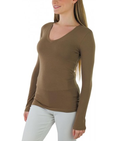 Women's Basic V-Neck Long Sleeve Tee Mocha $12.85 T-Shirts