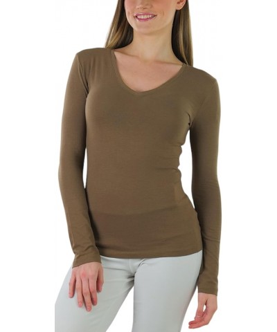 Women's Basic V-Neck Long Sleeve Tee Mocha $12.85 T-Shirts