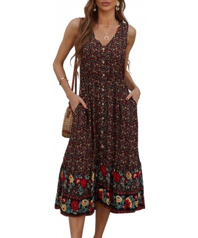 Women Summer Bohemian Floral Print V Neck Sleeveless Sundress Flowy Casual Midi Dress Black $19.27 Dresses