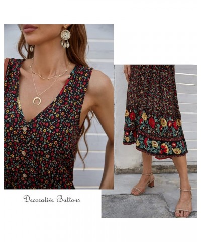 Women Summer Bohemian Floral Print V Neck Sleeveless Sundress Flowy Casual Midi Dress Black $19.27 Dresses