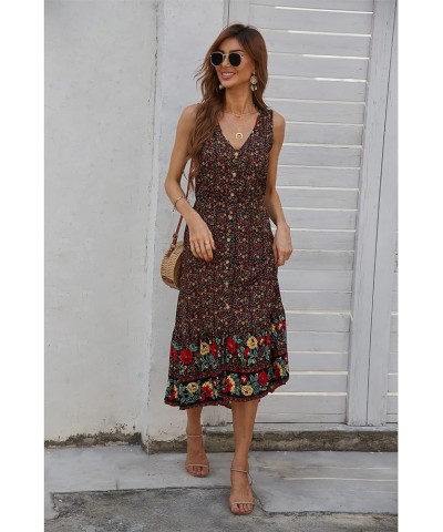 Women Summer Bohemian Floral Print V Neck Sleeveless Sundress Flowy Casual Midi Dress Black $19.27 Dresses