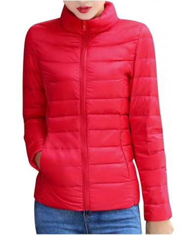 Light Weight Puffer Jacket for Women Long Sleeve Stand Collar Coat Slim Fit Down Jacket Zip Up Puffer Jacket Outwear Red $7.9...