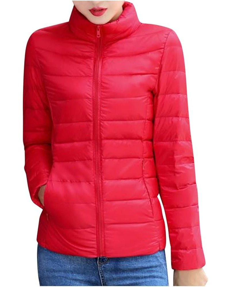 Light Weight Puffer Jacket for Women Long Sleeve Stand Collar Coat Slim Fit Down Jacket Zip Up Puffer Jacket Outwear Red $7.9...