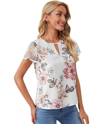 Women's Elegant Round Neck Basic Short Sleeve Keyhole Blouse Tops Flower White $10.32 Blouses