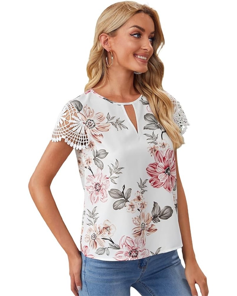 Women's Elegant Round Neck Basic Short Sleeve Keyhole Blouse Tops Flower White $10.32 Blouses