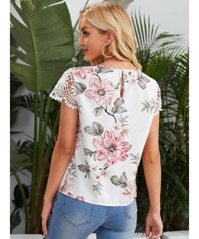 Women's Elegant Round Neck Basic Short Sleeve Keyhole Blouse Tops Flower White $10.32 Blouses