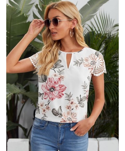 Women's Elegant Round Neck Basic Short Sleeve Keyhole Blouse Tops Flower White $10.32 Blouses