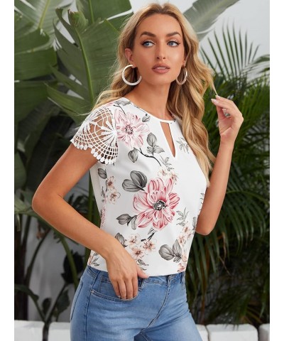 Women's Elegant Round Neck Basic Short Sleeve Keyhole Blouse Tops Flower White $10.32 Blouses