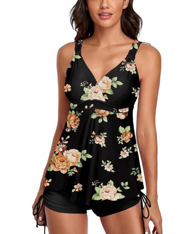 Two Piece Athletic Swimsuit for Women Ruffle Tankini Tops V Neck Bathing Suits with Tummy Control Boyshorts Black & Floral $2...