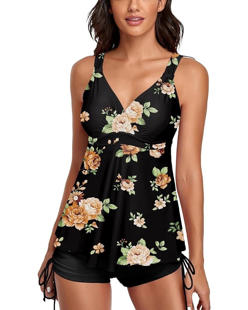 Two Piece Athletic Swimsuit for Women Ruffle Tankini Tops V Neck Bathing Suits with Tummy Control Boyshorts Black & Floral $2...