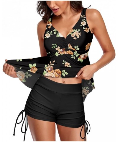 Two Piece Athletic Swimsuit for Women Ruffle Tankini Tops V Neck Bathing Suits with Tummy Control Boyshorts Black & Floral $2...