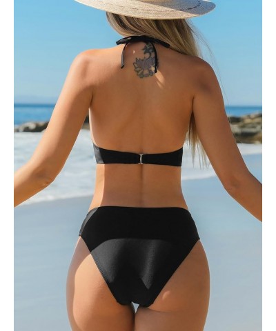 Women Swimsuit Bikini Sets Halter Triangle Mesh Mid Rise Cheeky Two Piece Bathing Suit Black $16.45 Swimsuits