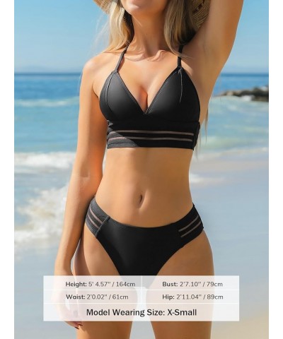 Women Swimsuit Bikini Sets Halter Triangle Mesh Mid Rise Cheeky Two Piece Bathing Suit Black $16.45 Swimsuits