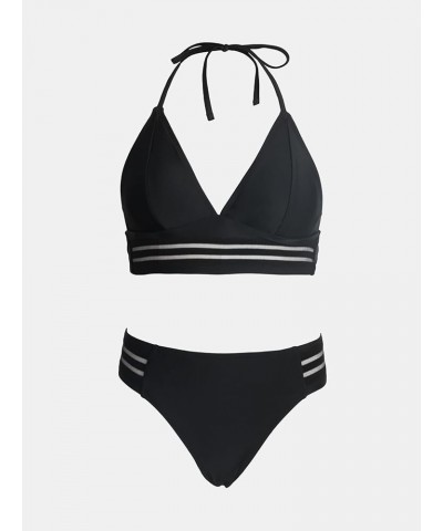 Women Swimsuit Bikini Sets Halter Triangle Mesh Mid Rise Cheeky Two Piece Bathing Suit Black $16.45 Swimsuits