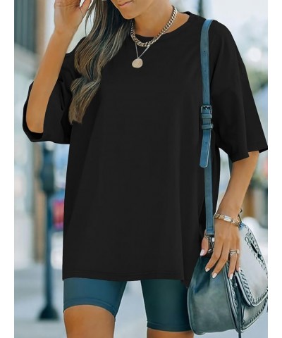 Women Crewneck Drop Shoulder Short Sleeve Oversized Fit Tunic Cotton T-Shirt Basic Boyfriend Black $11.00 Tops