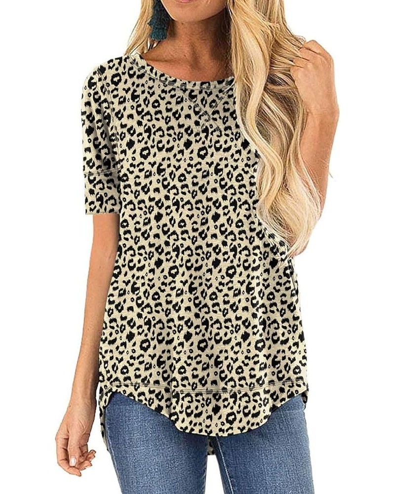 Summer Tops for Women Short Sleeve Side Split Casual Loose Tunic Top B-04 Fp Leopard Beige $17.69 Vests