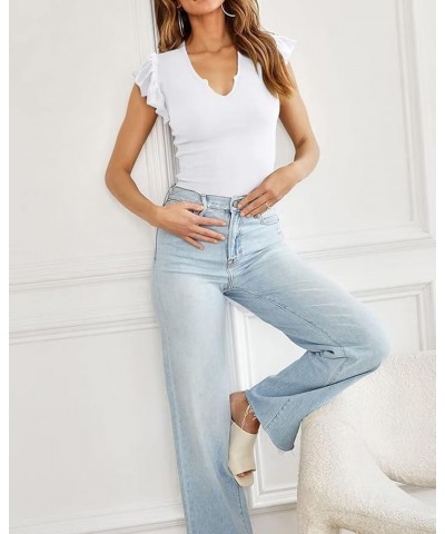 Summer Womens Shirt Short Ruffle Sleeve V Neck/Round Neck Ribbed Casual Tshirt Fitted Tops Blouses V Neck V-white $14.39 T-Sh...