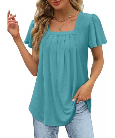 Womens Ruffle Sleeve Tops Square Neck Pleated Front T Shirts Loose Curved Hem Casual Summer Tunic S-3XL 006-turquoise $12.74 ...