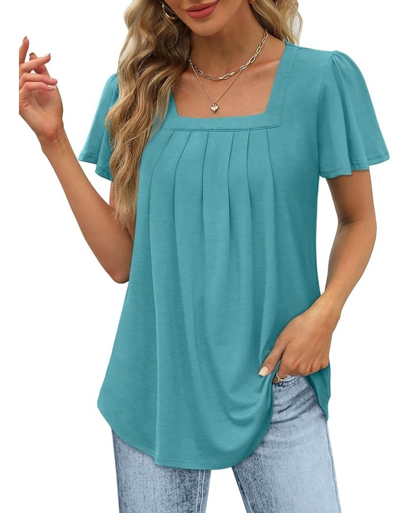 Womens Ruffle Sleeve Tops Square Neck Pleated Front T Shirts Loose Curved Hem Casual Summer Tunic S-3XL 006-turquoise $12.74 ...