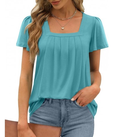 Womens Ruffle Sleeve Tops Square Neck Pleated Front T Shirts Loose Curved Hem Casual Summer Tunic S-3XL 006-turquoise $12.74 ...