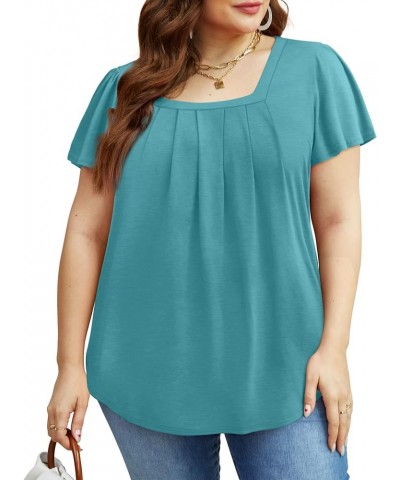 Womens Ruffle Sleeve Tops Square Neck Pleated Front T Shirts Loose Curved Hem Casual Summer Tunic S-3XL 006-turquoise $12.74 ...