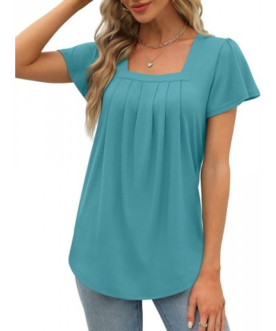 Womens Ruffle Sleeve Tops Square Neck Pleated Front T Shirts Loose Curved Hem Casual Summer Tunic S-3XL 006-turquoise $12.74 ...