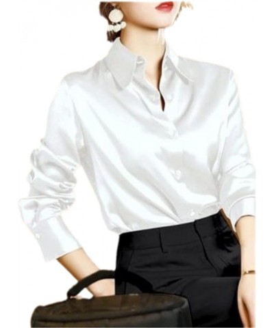 Women Shirt Office Button Up Long Sleeve Shirts Silk Satin Blouses Business Ladies Top White $11.53 Blouses