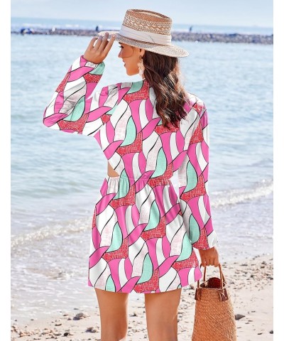 Women Long Sleeve Cover Up V Neck Bathing Suit Cover Ups O-Ring Cutout Beach Dress Elastic Waist Coverup S-XXL Jh202 $15.68 S...