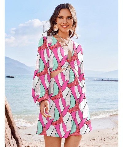 Women Long Sleeve Cover Up V Neck Bathing Suit Cover Ups O-Ring Cutout Beach Dress Elastic Waist Coverup S-XXL Jh202 $15.68 S...