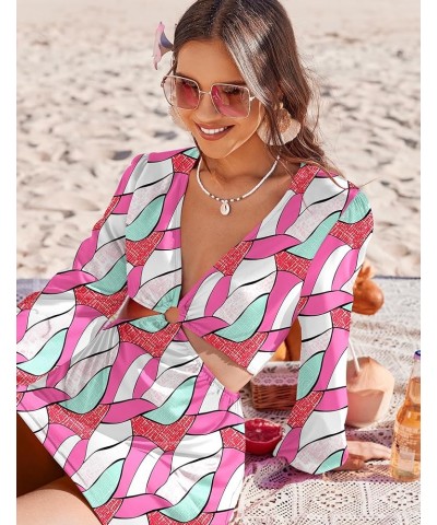 Women Long Sleeve Cover Up V Neck Bathing Suit Cover Ups O-Ring Cutout Beach Dress Elastic Waist Coverup S-XXL Jh202 $15.68 S...