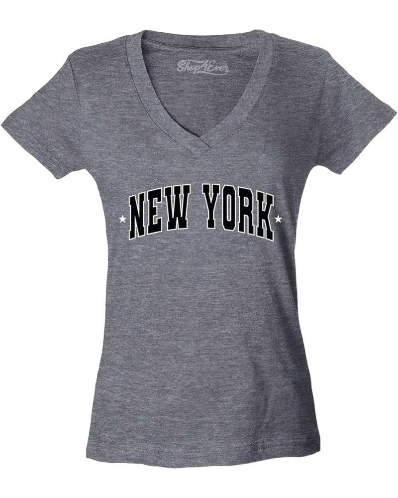 New York State Letter Print Stars Women's V-Neck T-Shirt Slim Fit Heather Charcoal $10.79 T-Shirts